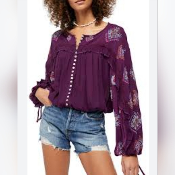 Free People Tops - Free People Eggplant Boho Embroidered Women's Long Sleeve crop Blouse Size Small